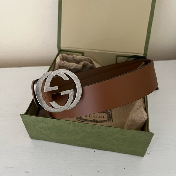 NEW GUCCI 546389 INTERLOCKING LEATHER BELT BROWN - SIZE 90/36 $550 - Picture 1 of 7